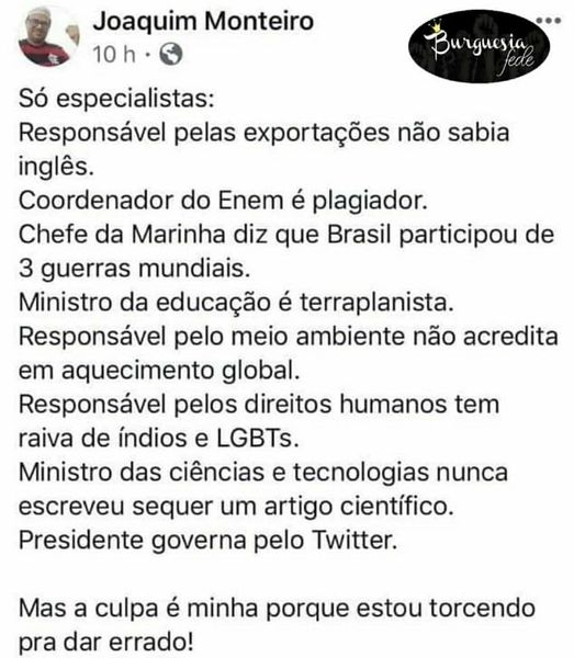 Uma equipe perfeita!
Só especialistas:
O responsável pelas exportações não sabia inglês;
O coordenador do Enem é plagiador;
O chefe da marinha diz que o Brasil participou de três guerras mundiais;
 O ministro da educação diz que a Terra é plana;
O responsável pelo meio ambiente não acredita no aquecimento global;
A responsável pelos direitos humanos tem raiva de índios e LGBTs;
O ministro da ciência e tecnologia nunca escreveu um artigo científico;
O presidente governa pelo Twitter.