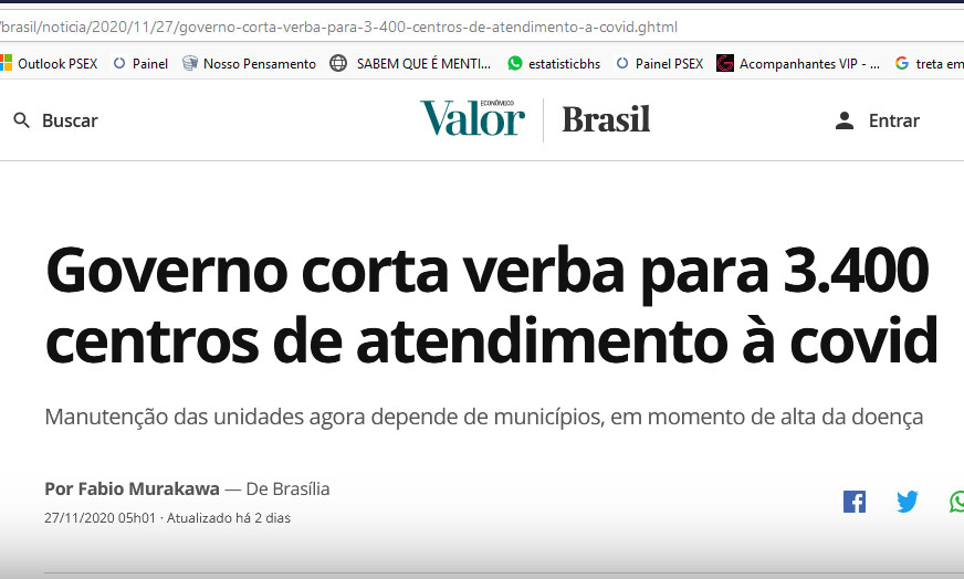 Governo corta verba para 3.400 centros de atendimento à covid. Manutenção das unidades agora depende de municípios, em momento de alta da doença. 27/11/200
