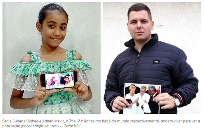 Sadia Sultana Oishee e Adnan Mevic, o 7º e 6º bilionésimo bebê do mundo respectivamente, podem viver para ver a população global atingir seu pico — Foto: BBC"