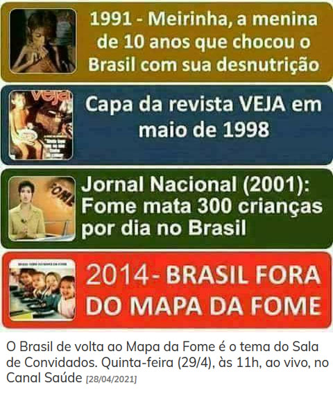 1991: criança desnutrida choca o Brasil - 1998: Revista Veja mostra a miséria - 2001: fome mata 300 crianças por dia no Brasil - 2014: Brasil fora do mapa da fome - 2021: o Brasil volta ao mapa da fome.